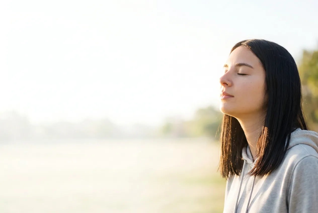Una chica joven con los ojos cerrados y la cara al sol, al borde de un lago